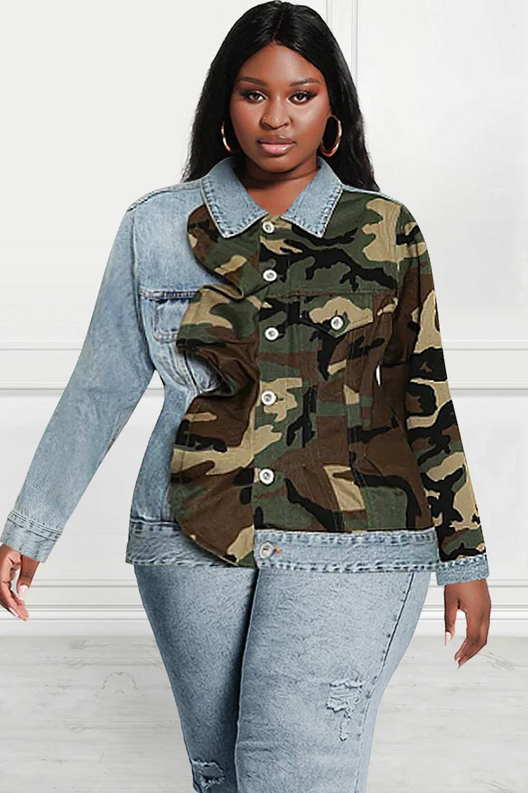 Plus Size Outerwear Jacket Casual Outerwear Jacket  Army Green Camo Patchwork Denim Outerwear Jacket  [Pre-Order]