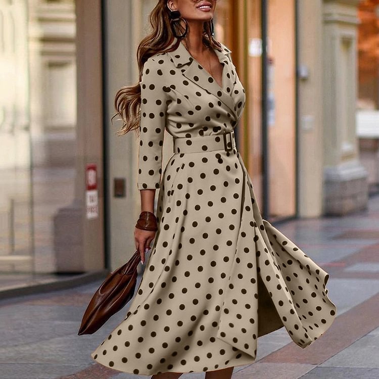 Polka Dot Print Neck Waist Swinging Midi Dress
