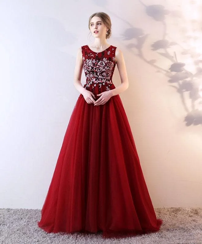 Burgundy Tulle Lace Long Prom Dress