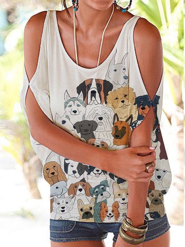Comstylish Lovely Dogs Printed Hollow Shoulder T Shirt