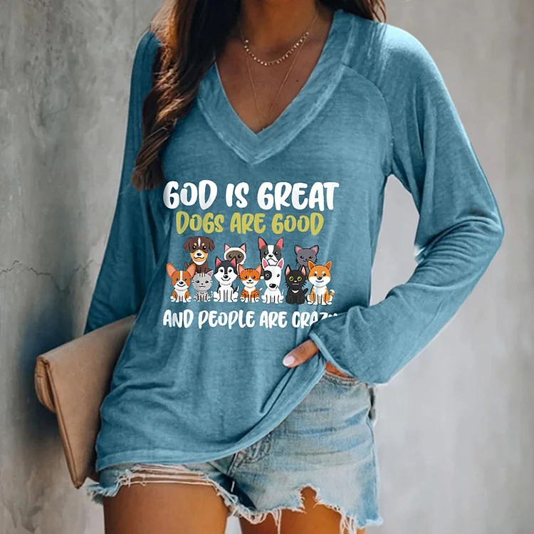 Vefave V-Neck Dog Print Long Sleeve Casual T-Shirt