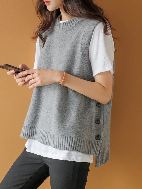 Simple Sleeveless Loose Buttoned Solid Color Round-Neck Sweater Vest Outerwear