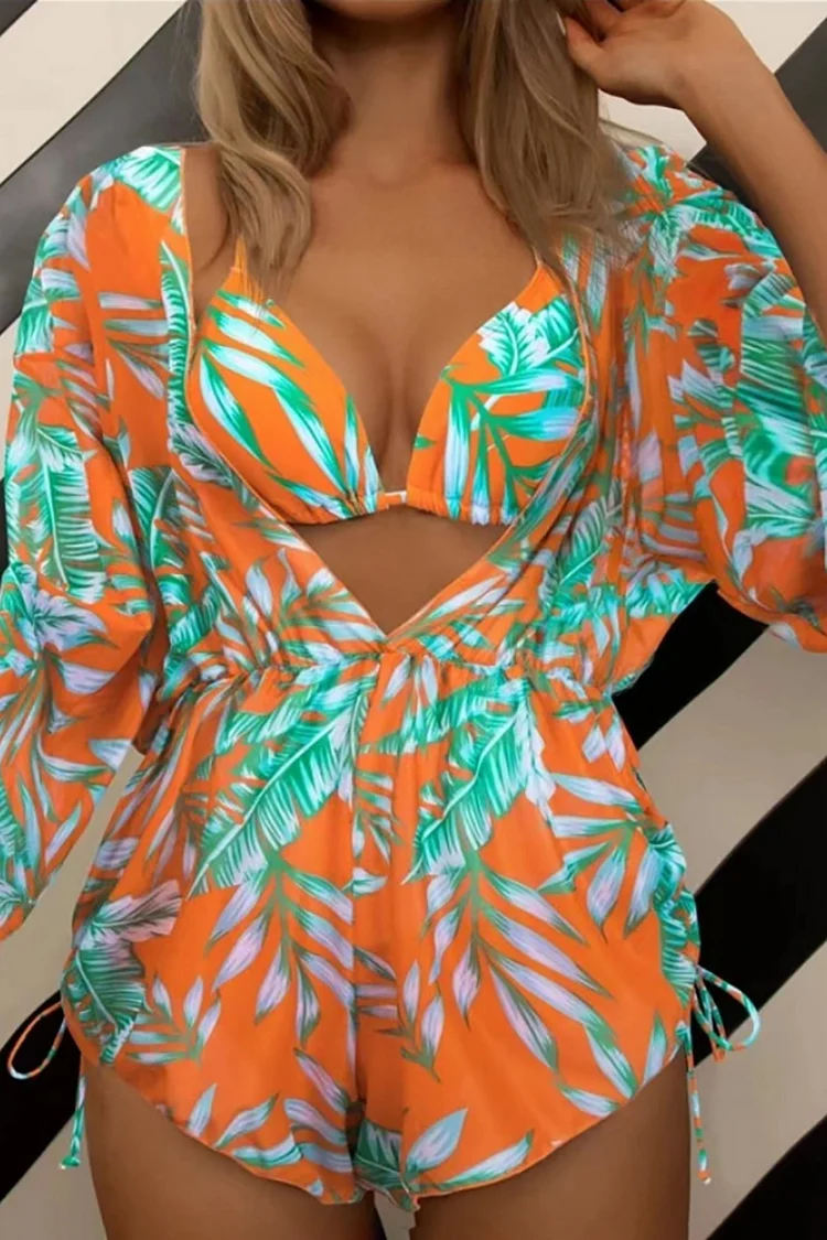 Tropical Print Romper Halter Bikini Three-Piece Swimsuit Matching Set
