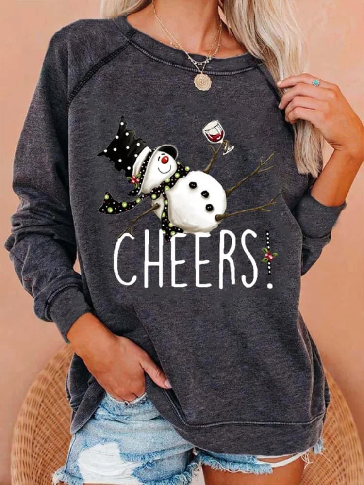 Vefave Women's Snowman Cheers Print Casual Sweatshirt