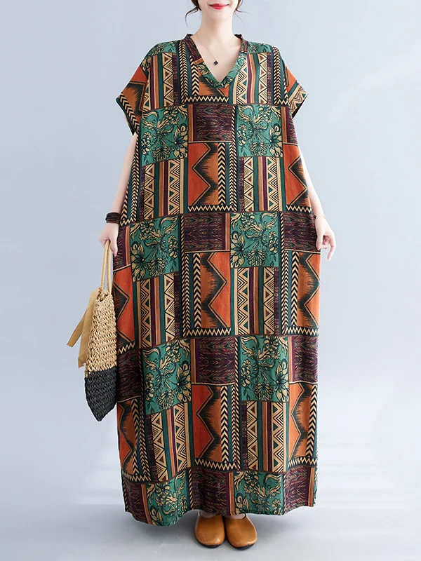 Batwing Sleeves Roomy Stamped V-Neck Maxi Dresses