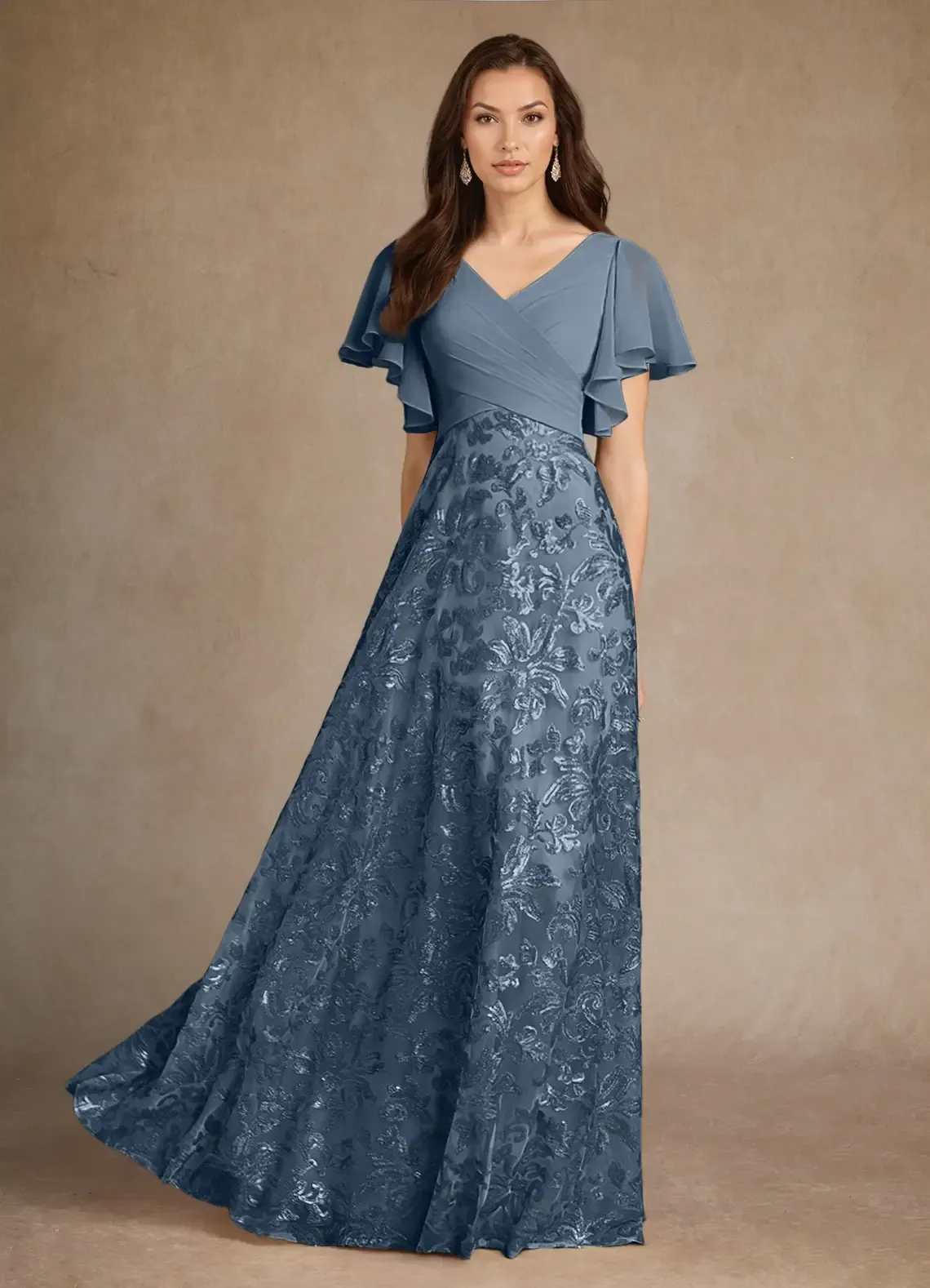 Lussooy Luxurious V Neck Embroidery Floor Length Flutter Sleeves Mother of The Bride Dress