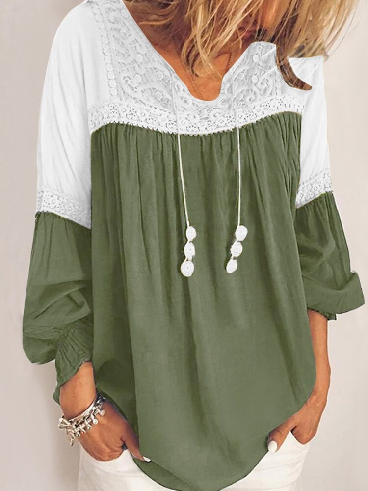 Lace Patchwork V neck Long SleeveElastic Cuff Casual Blouse P1731539