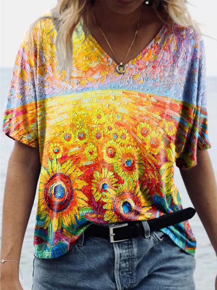 Bestdealfriday Sunflower Oil Painting Print T-Shirt