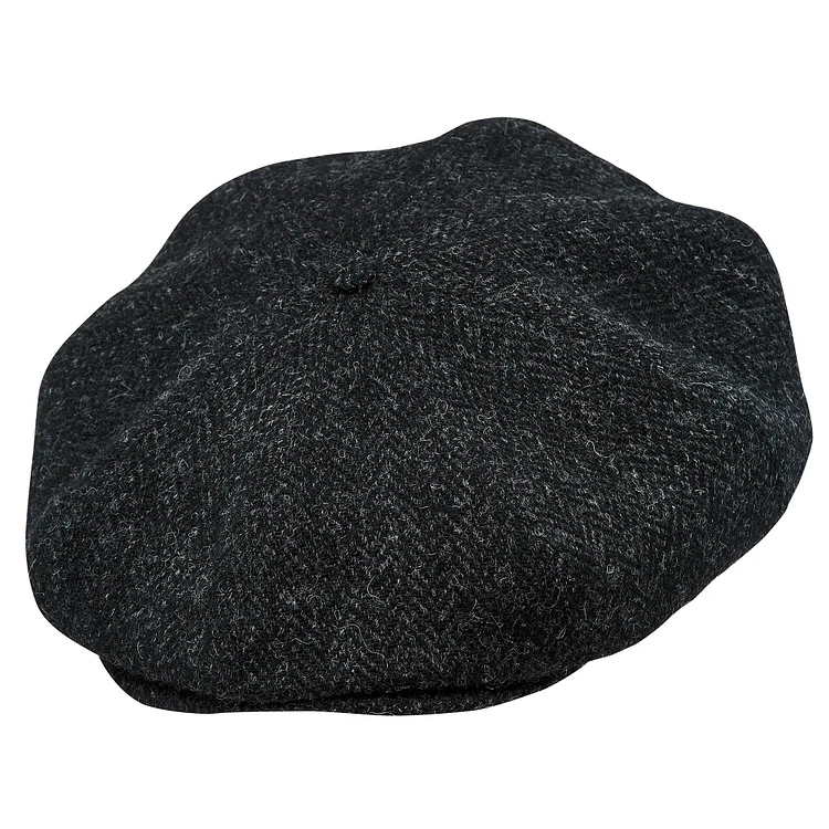 PEAKY CAPS Genuine Scottish Harris Tweed 8 Panels Man Cap Wool Large Crown BLACK