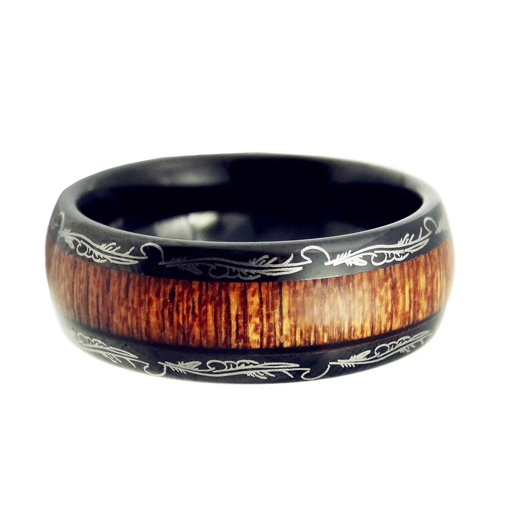 8MM Mens Black Laser Polished Edge Tungsten Ring Wood Inlay