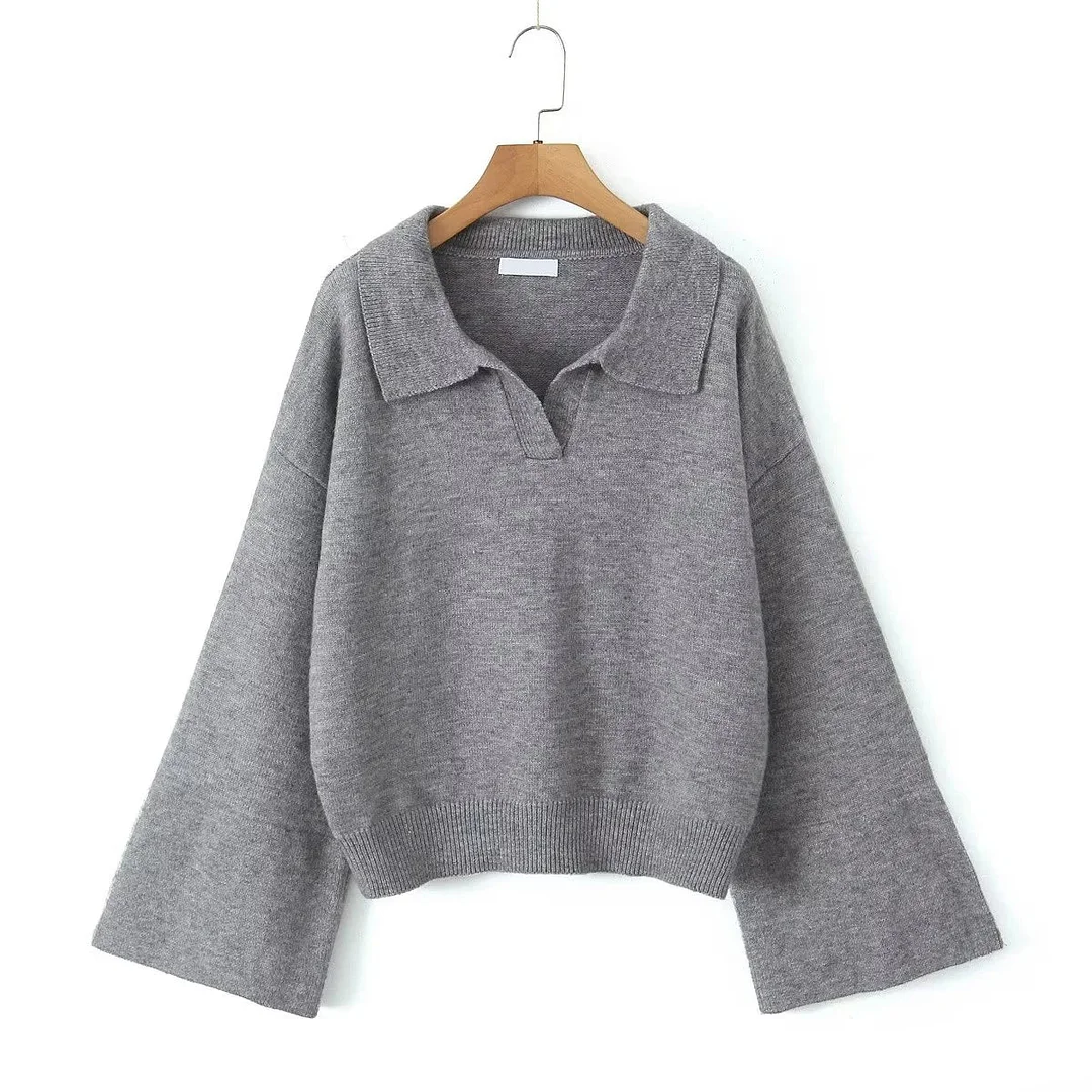 Tlbang Lapel Collar Sweater Women Flare Sleeve Vintage Oversize Gray Autumn Pullovers Casual Jumpers