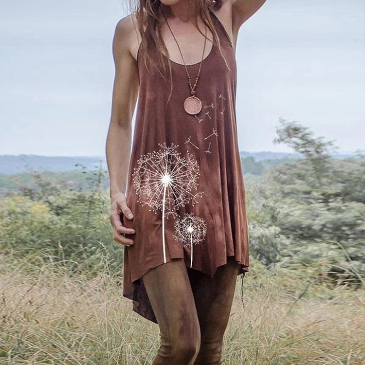 Vintage Dandelion Print Sleeveless Mini Dress