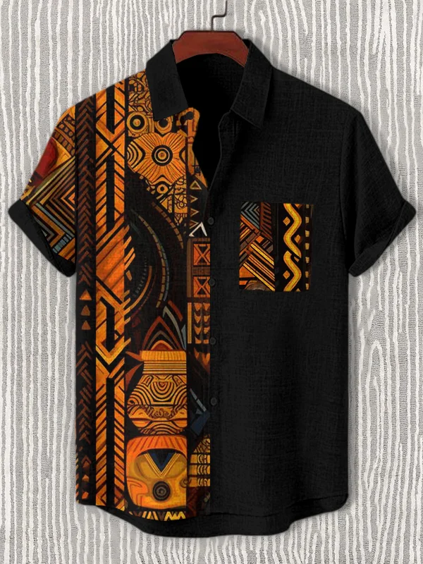Men's Retro Traditional Ethnic Pattern Art Print Linen Blend Shirt