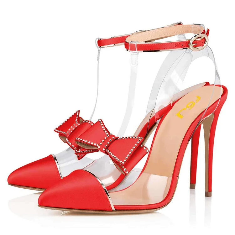 Red T Strap Pumps PVC Bow Stiletto Heel Pumps |FSJ Shoes