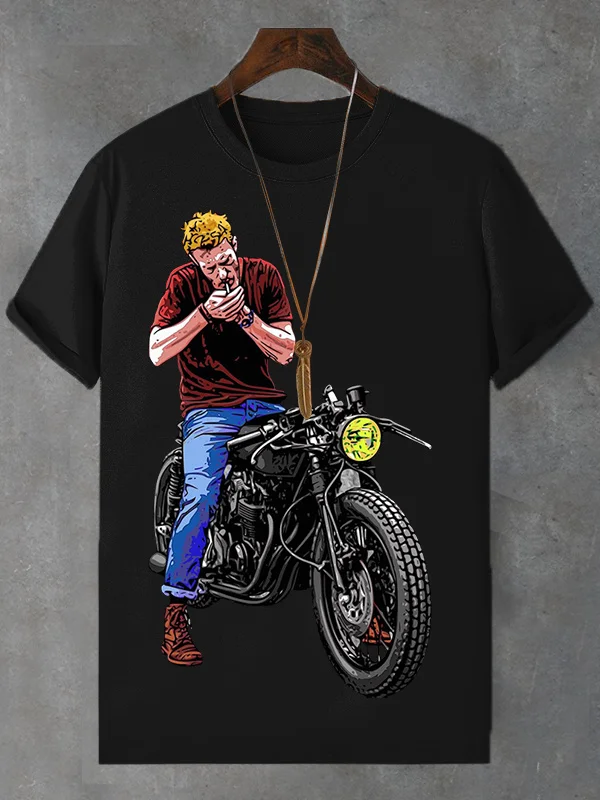 Men's Motorcycle Cigarette Print Cotton Casual T-Shirt