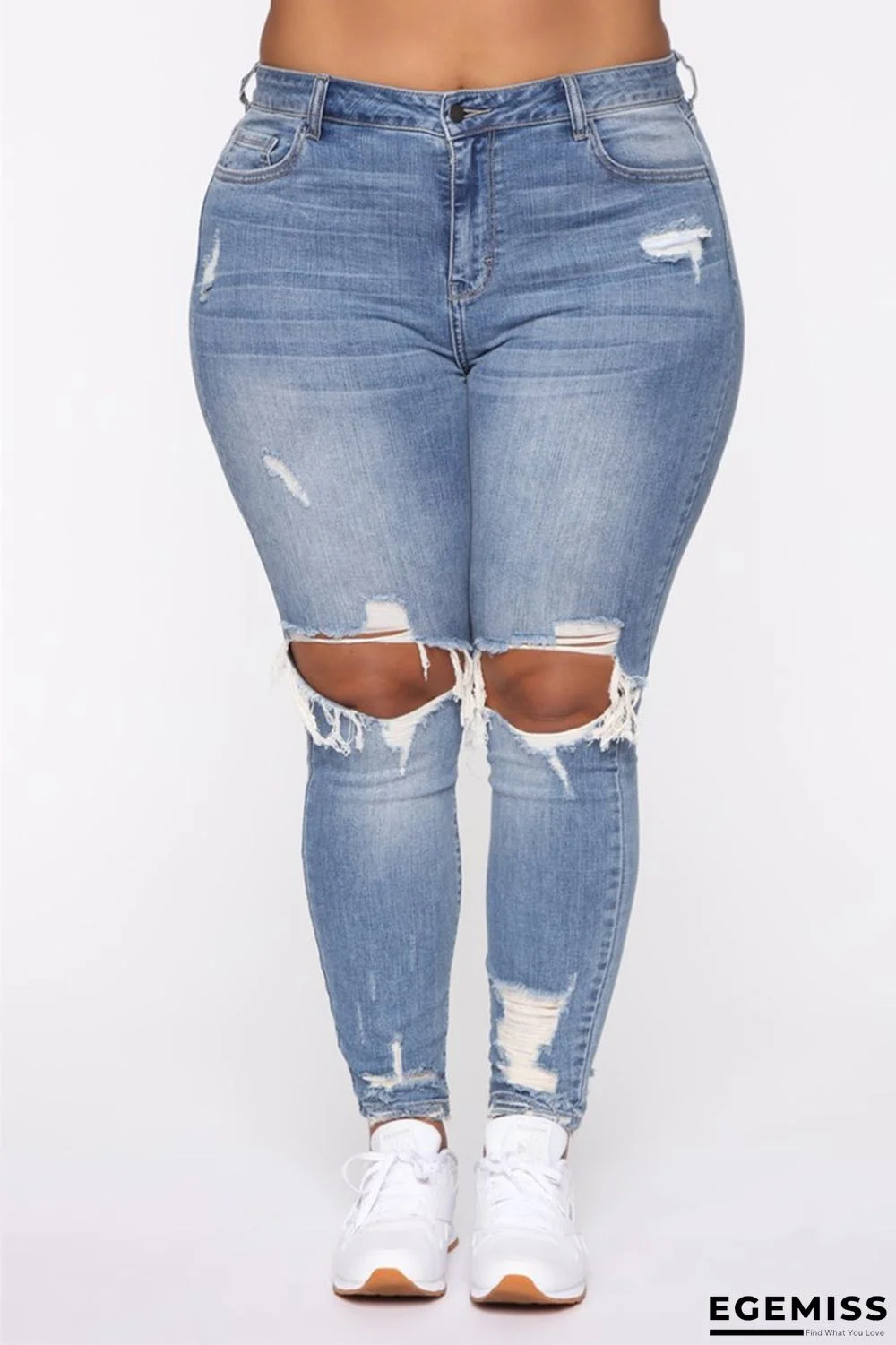 Baby Blue Fashion Sexy Solid Ripped Plus Size Jeans | EGEMISS