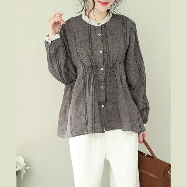 Modern stand collar linen crane tops Pakistani Sleeve brown short blouse