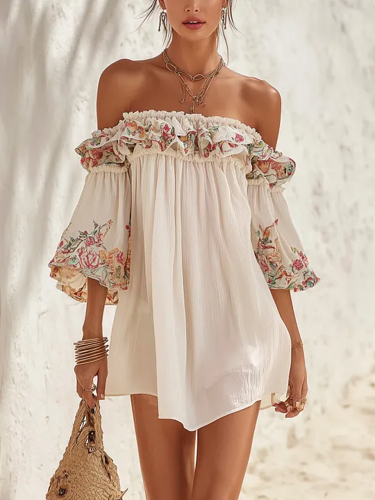 White Off-Shoulder Mini Dress With Floral Ruffle Detail