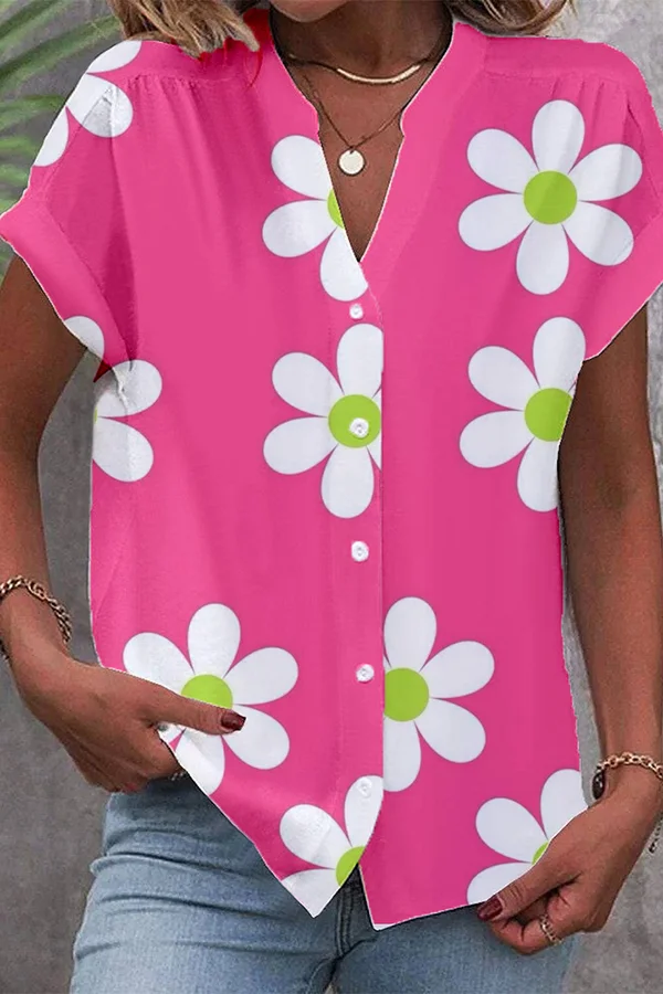 Hot Pink Flower Print Short Sleeve Shirt