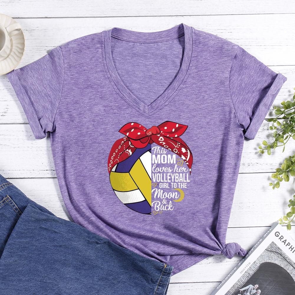 Loves Her volleyball Girl To The Moon' Back V-neck T Shirt-Guru-buzz