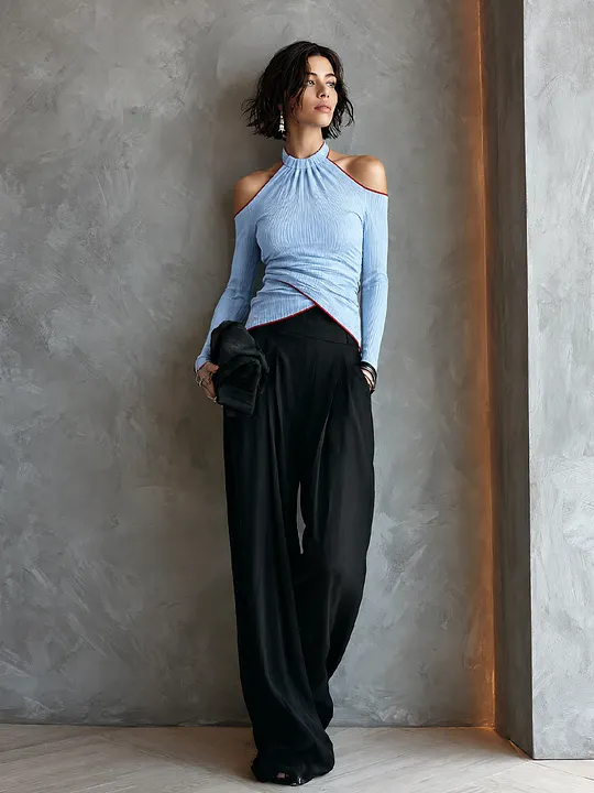 Women's Pleated Casual Halter Wide-Leg Pants Set MD