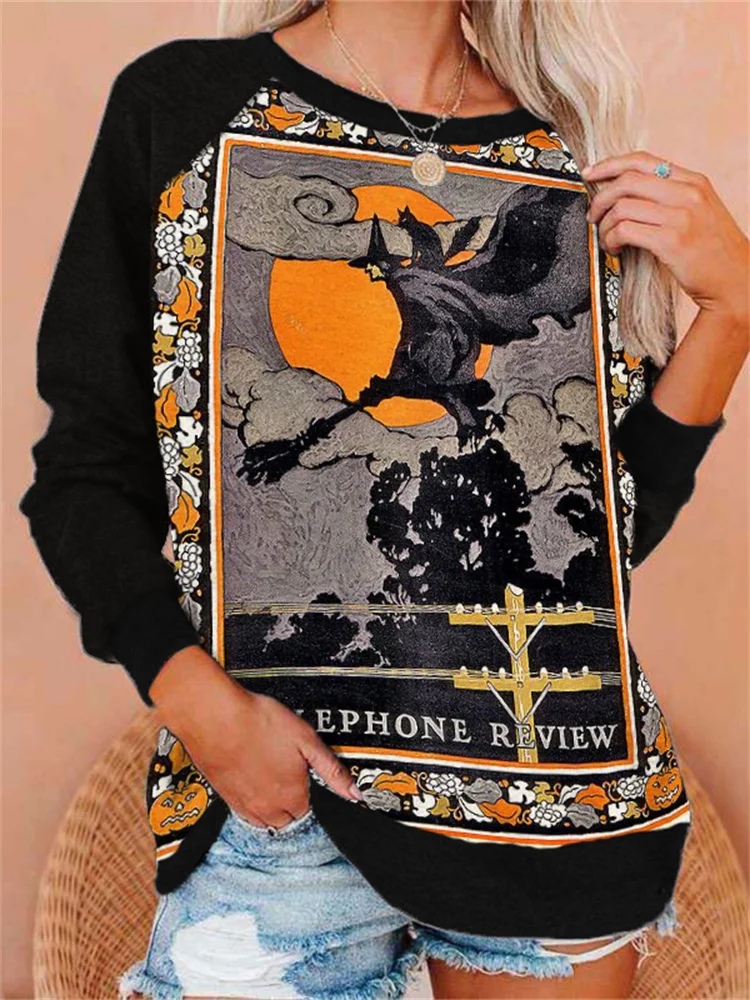 Vefave Vefave Vintage Halloween Witch Contrast Color Sweatshirt