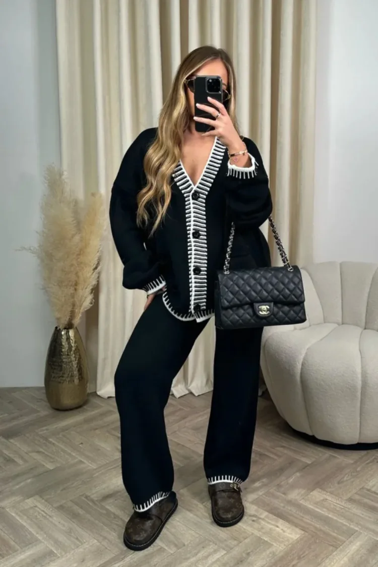 Contrast Trim Knitted Cardigan And Pants
