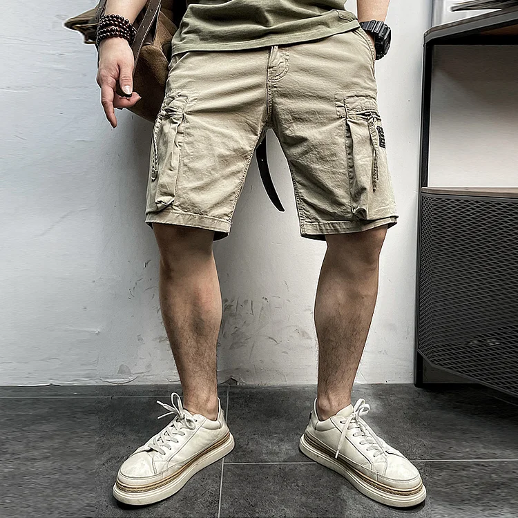 TIMSMEN Vintage American Drawstring Elastic Waist Zip Pocket Casual Shorts