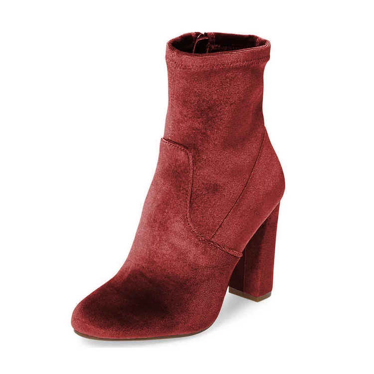 Brick Red Chunky Heel Boots Velvet Short Fashion Sock Boots |FSJ Shoes