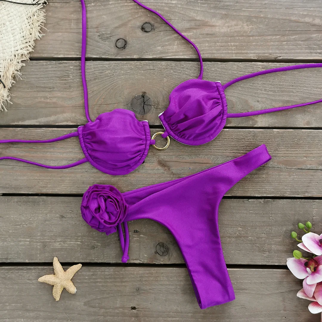 Billionm Multi Color Solid Colored Breast Plate Three Point Low Rise Bikini Sexy New Split