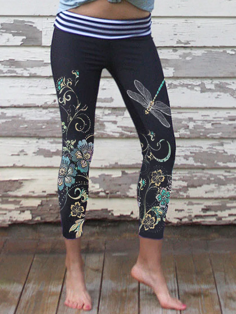 Retro butterfly print casual stretch Nine point  stretch pants