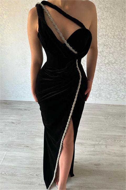 Daisda Chic Black Velvet One Shoulder Sleeveless Long Split Prom Dress ...