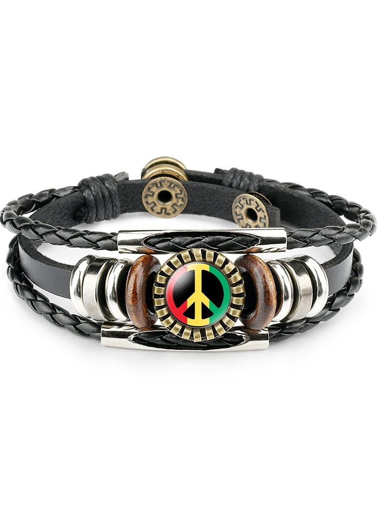Men's Rasta Peace Sign Woven Leather Bracelet