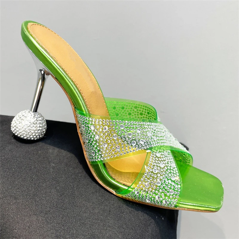 TAAFO Cross PVC Transparent Sandals Women Jeweled Crystal Strange Heel Slingbacks Diamond Rhinestone Mules 