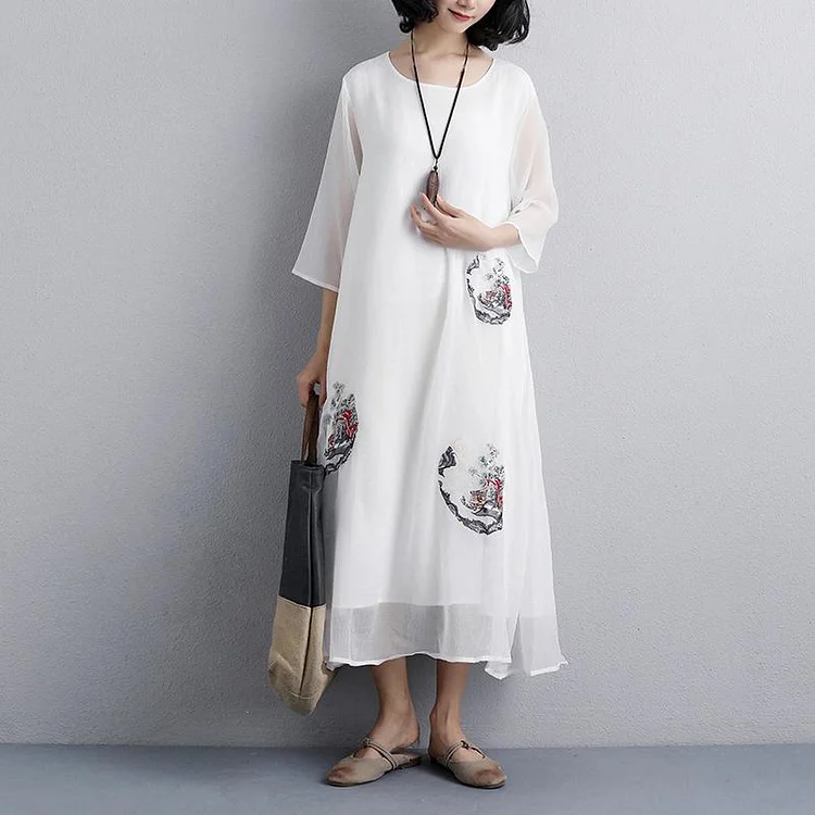 Fine natural dress plus size Ethnic Women Embroidery Three Quarter Sleeve White Dress