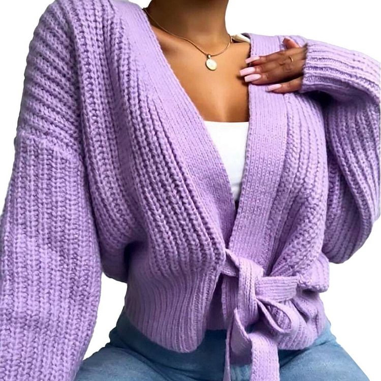 Fashion Elegant Women Sexy V-Neck Cardigan Knitted Belt Lace-Up Coat Bow Jacket Loose Warm Hollow Out Lady Autumn Winter Sweater - BlackFridayBuys