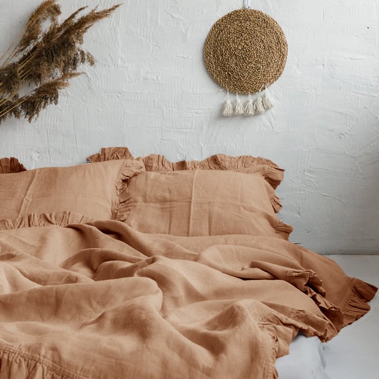 2pcs | Apricot Ruffled 100% Flax Linen Pillowcase-ChouChouHome