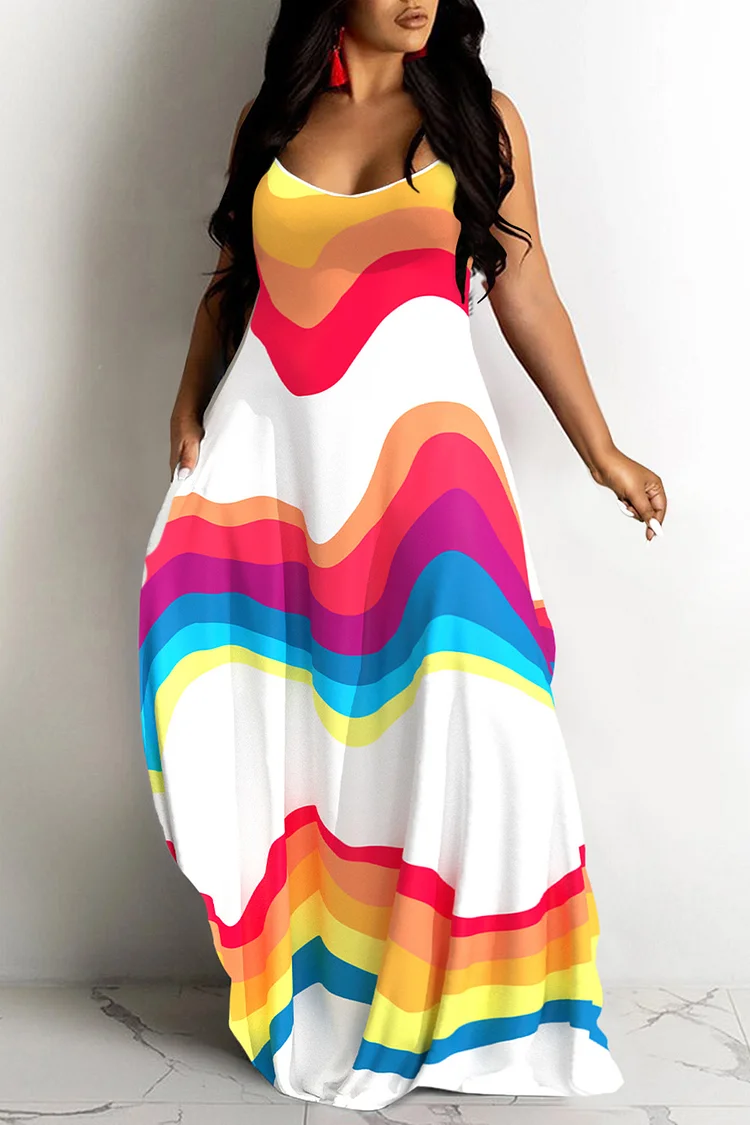 Plus Size Daily Wave Colorblock Cami U Neck With Pockets Loose Maxi Dresses