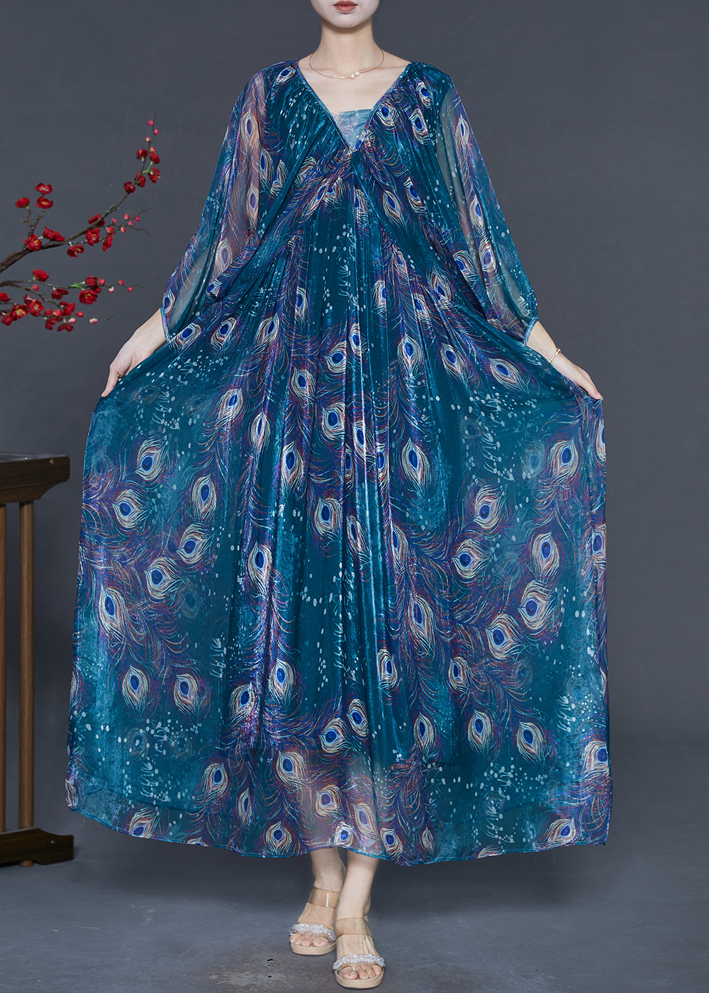 Open Back Chiffon Long Dresses with V-neck Peacock