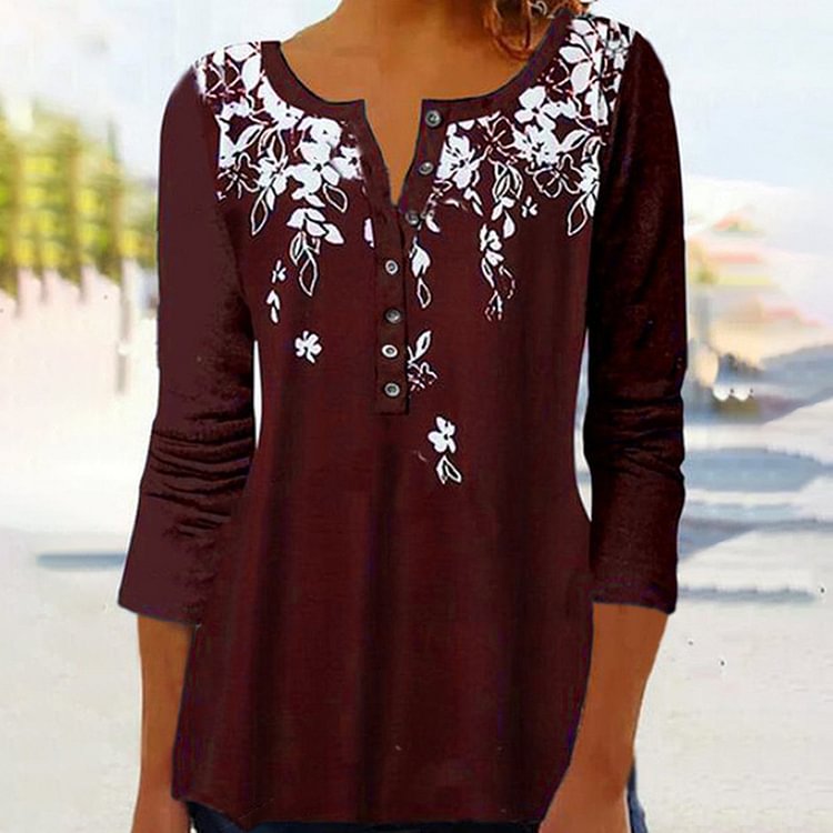 Comstylish Casual Floral Print V Neck Buttoned T-Shirt