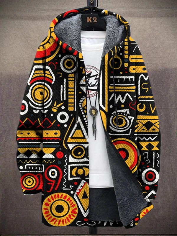 Men's Traditional Pattern Geometric Art Print Hooded Trench Coat