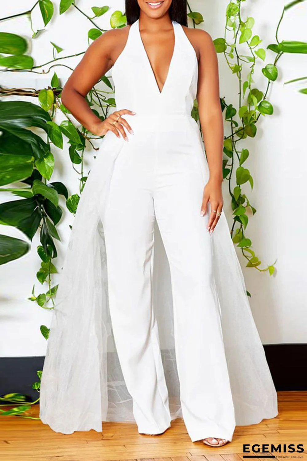 White Sexy Solid Patchwork Backless V Neck Straight Jumpsuits | EGEMISS