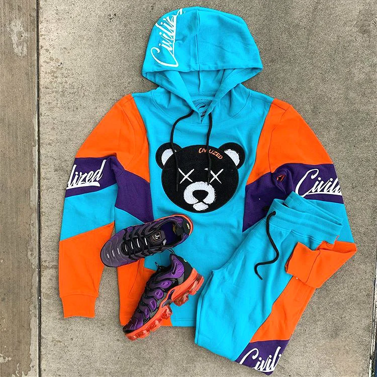 Fashion color matching bear print Hooded Sweater Set