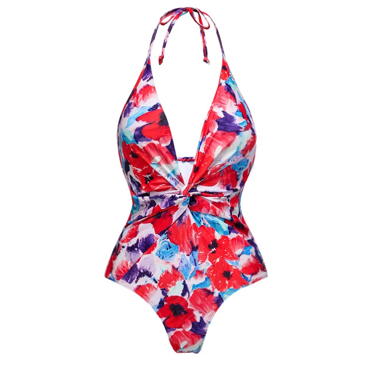 Flaxmaker Halter Backless Printed One Piece Swimsuit and Cover Up