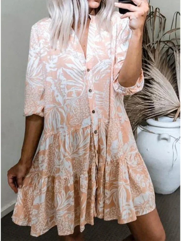 V-neck Print 3/4 Sleeve Pleat Mini Dress P16283