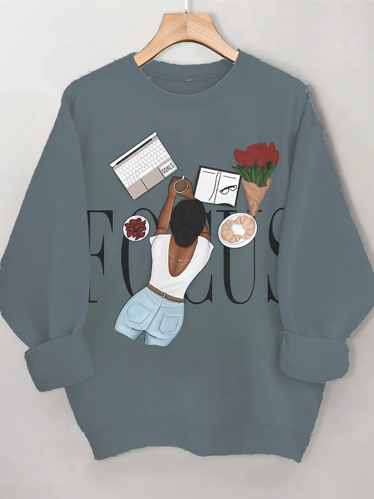 Women's Focus Black Woman Reading Art Print Casual Sweatshirt