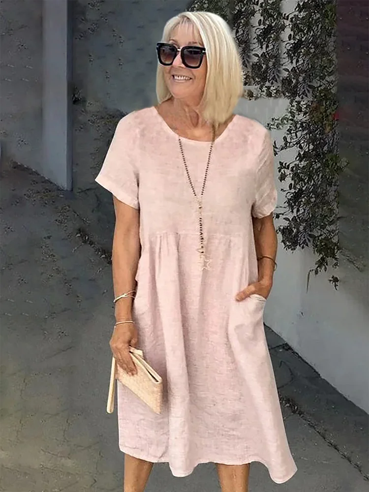 Solid Color Linen Round Neck Fitted Dress socialshop