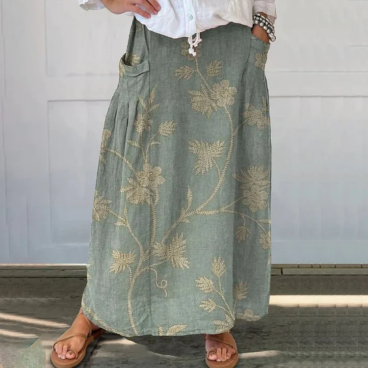 Comstylish Vintage Floral Print Loose Pocket Casual Skirt