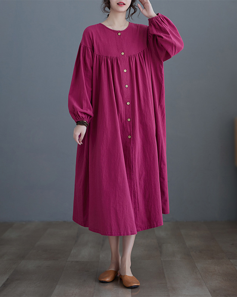 Single Breasted Three Quarter Sleeve Round Neck Midi Dress