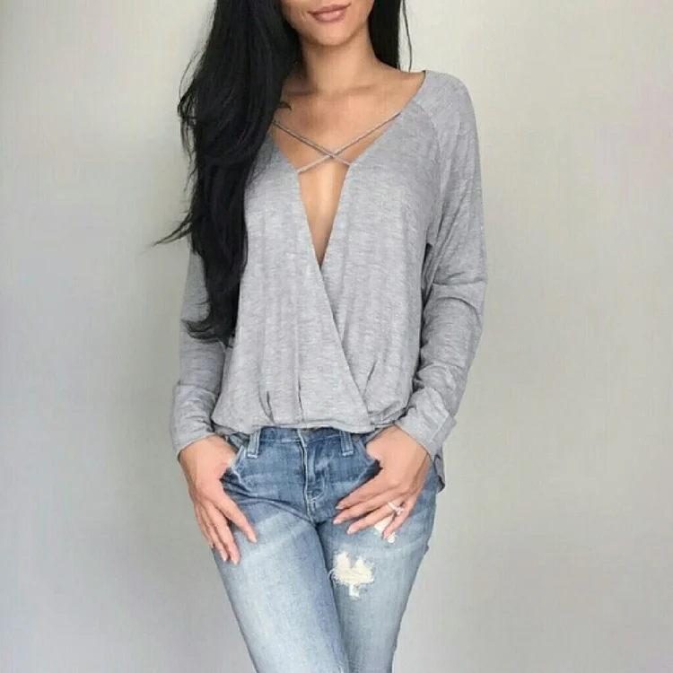 Daily Cross Strap Deep V Neck Long Sleeve Solid Top